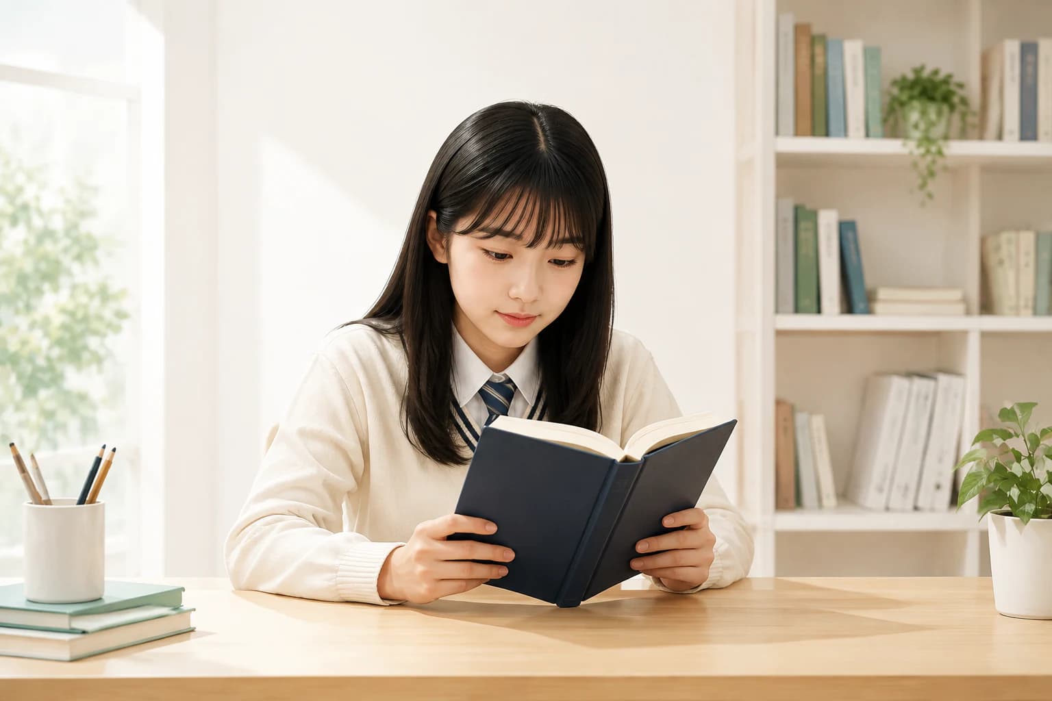 책상에서 남색 책을 펼쳐 읽는 학생 일러스트